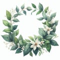 Watercolor wreath with jasmine flowers and green leaves isolated on white background. Royalty Free Stock Photo